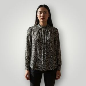 J.‎ Crew Womens Floral Print Blouse S Black Beige Ruffle Neck Sustainable